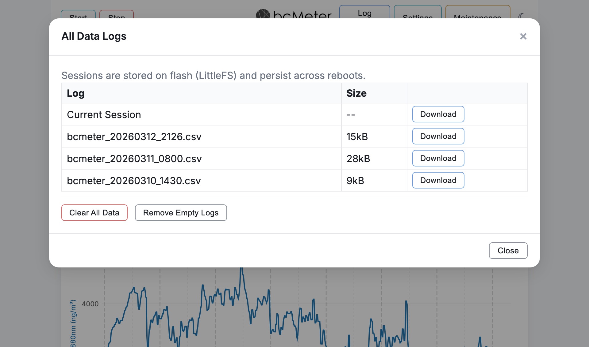 Log files dialog showing download and delete options