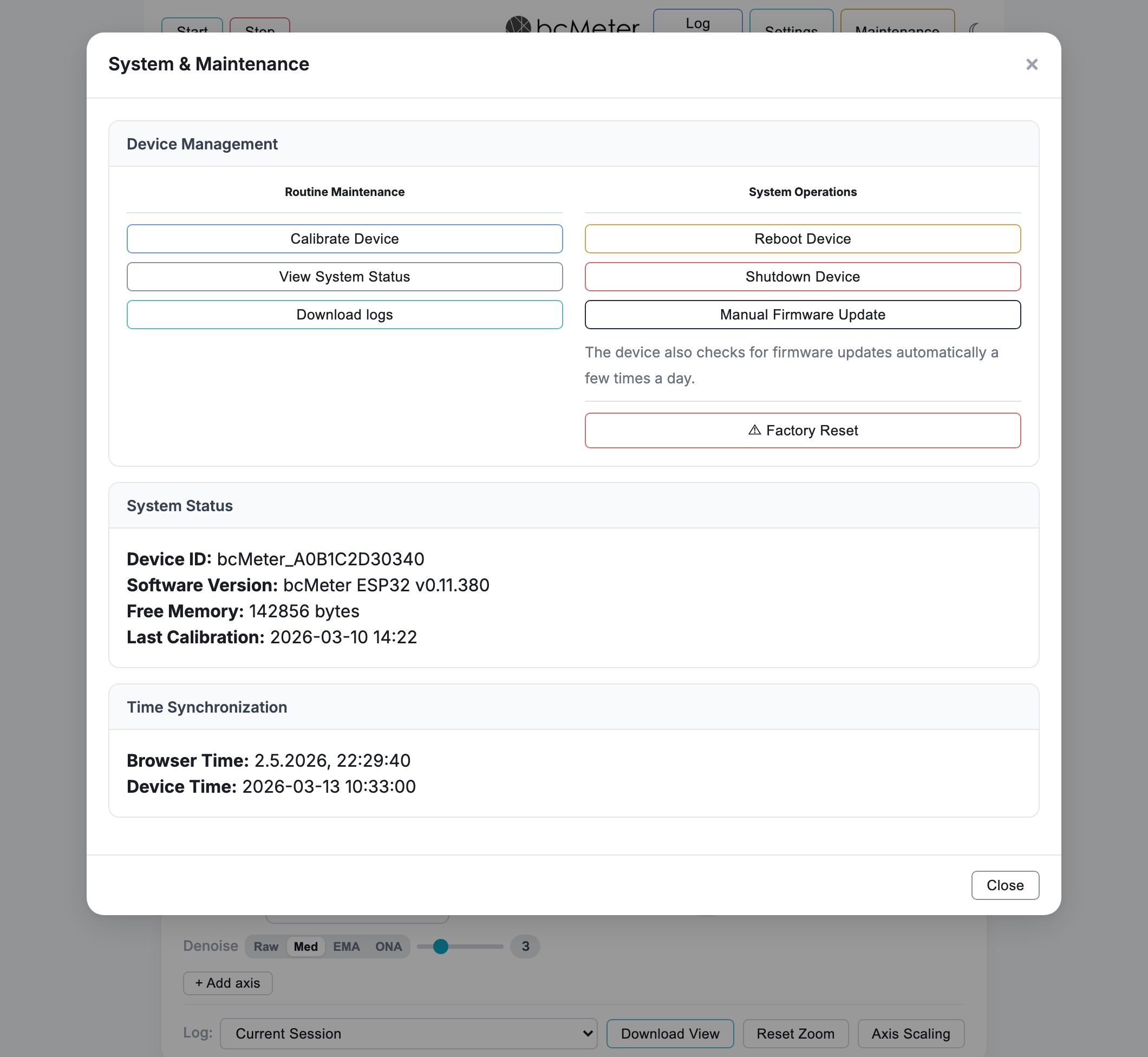 System & Maintenance modal showing Device Management, System Status, Time Synchronization, and Geolocation cards