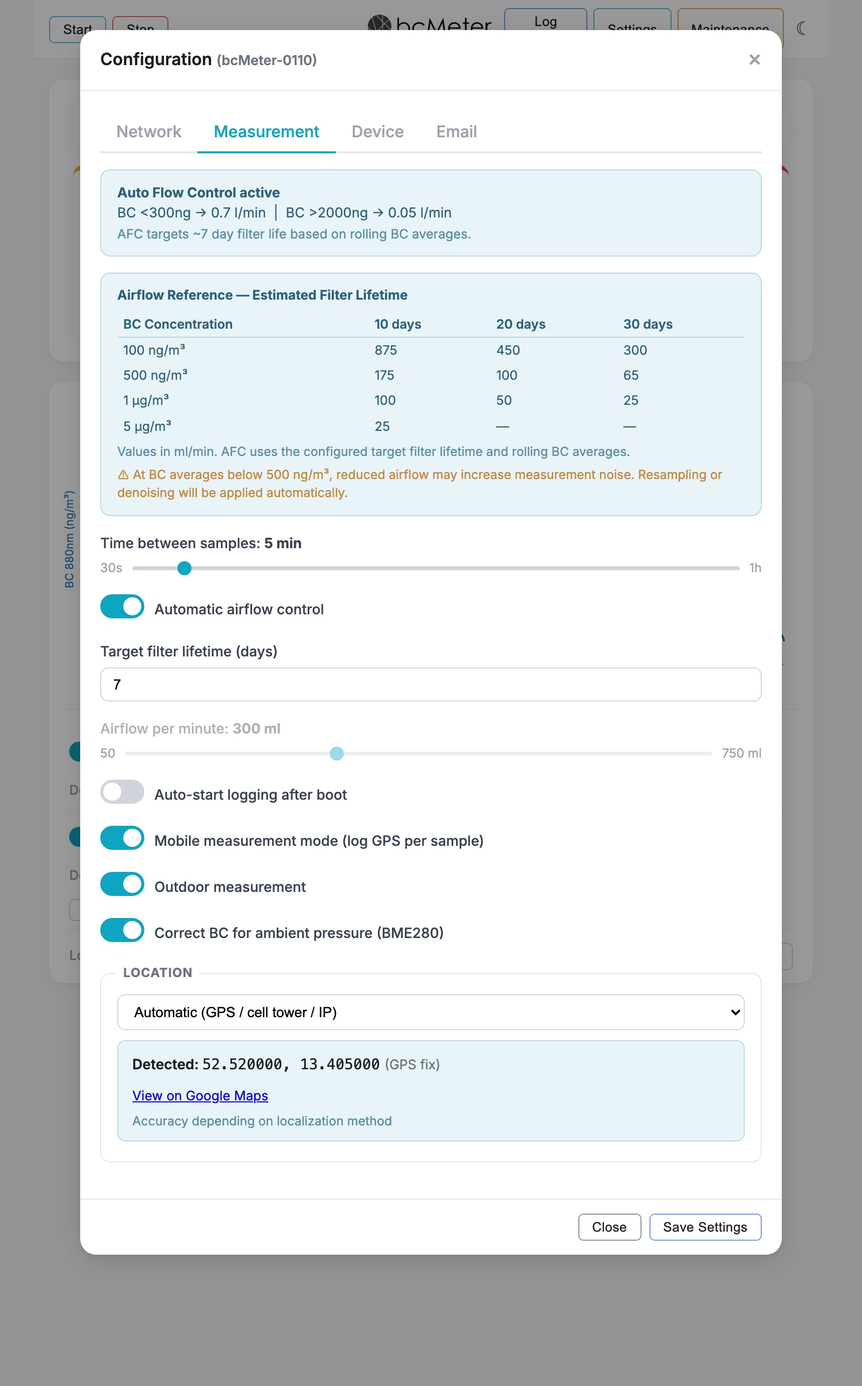 Configuration dialog showing Measurement tab