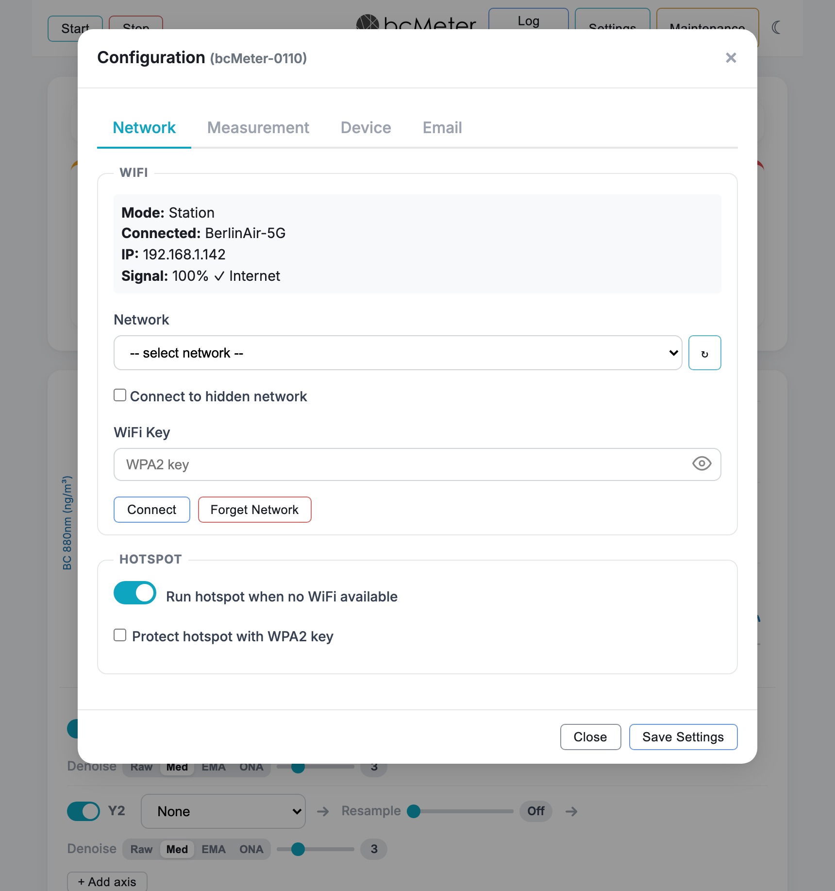 Configuration dialog showing Network tab with WiFi and Hotspot settings