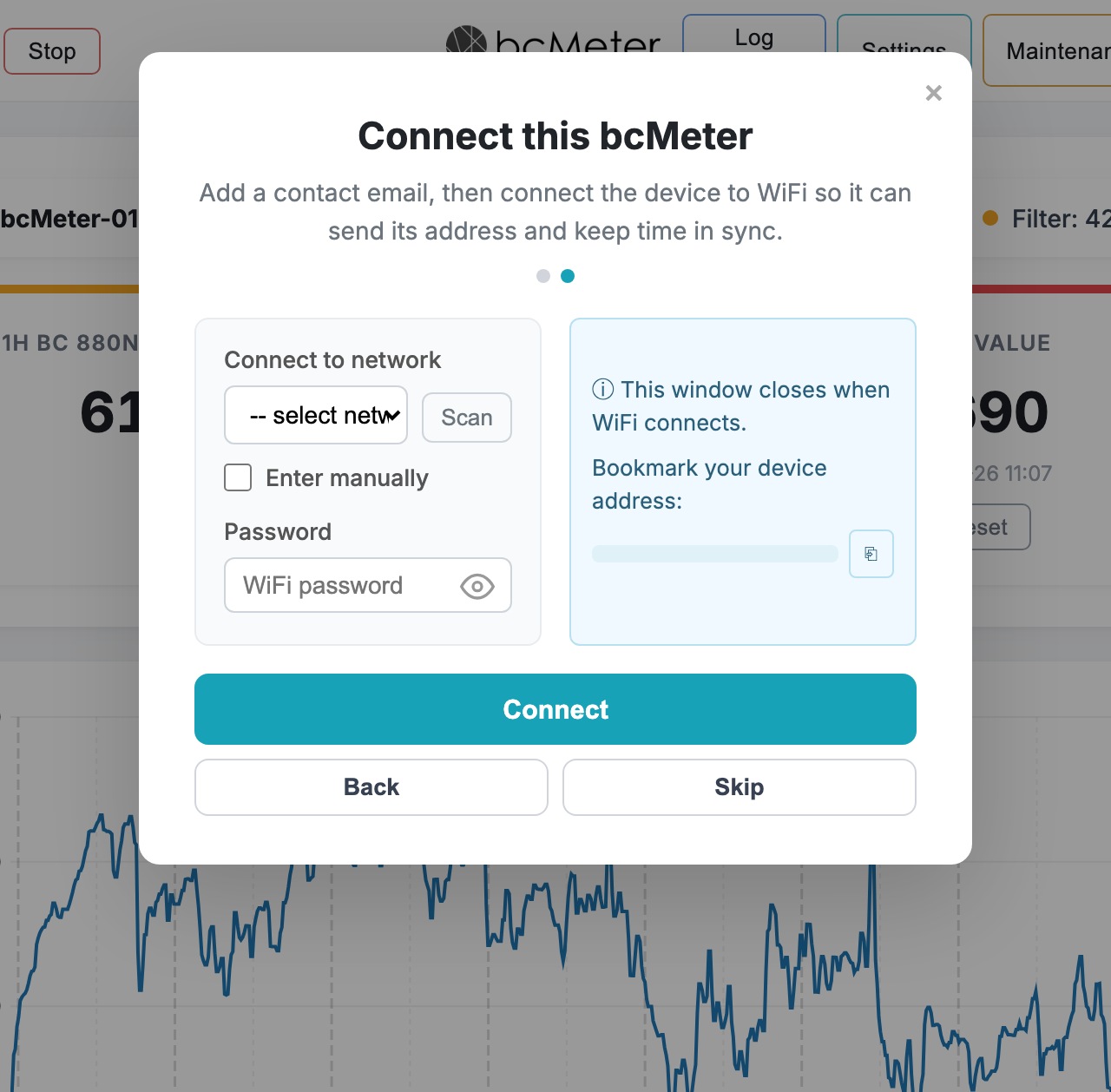 bcMeter welcome screen - WiFi step with network selected