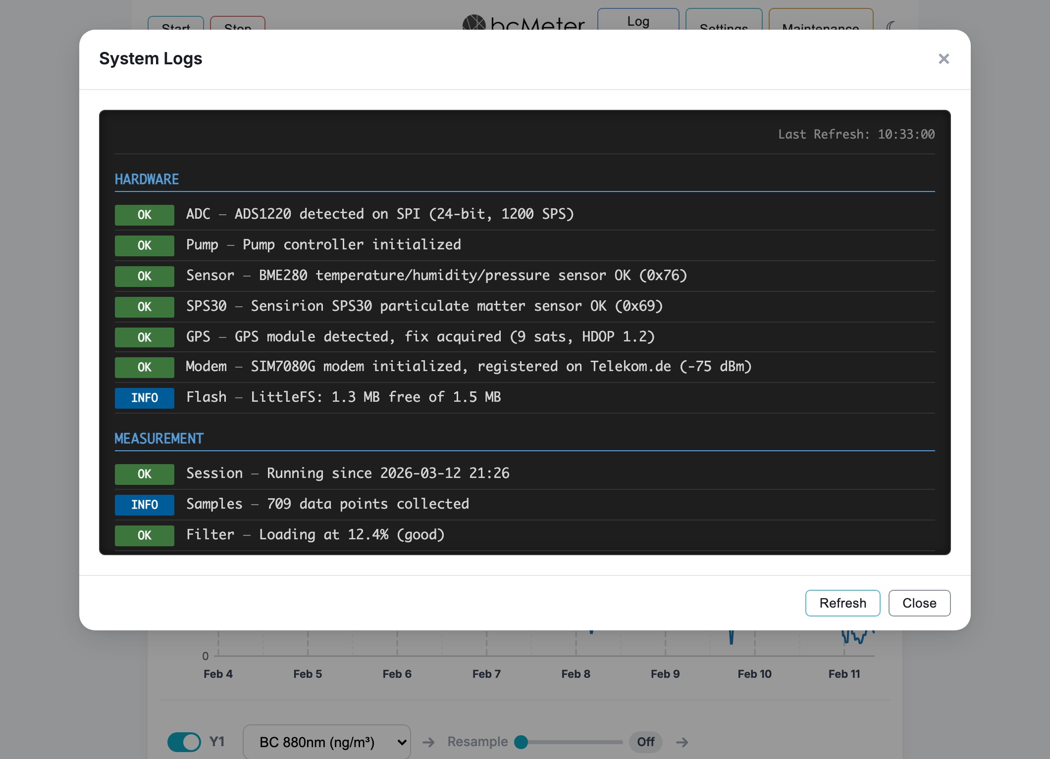 System Status viewer showing diagnostic log entries
