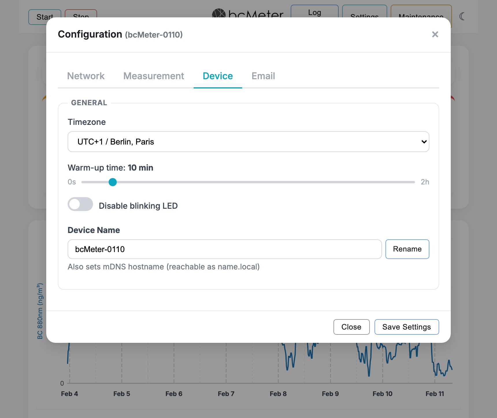 Configuration dialog showing Device tab