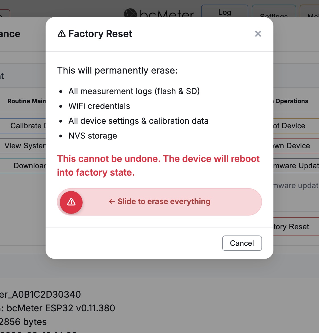 Factory Reset dialog with slide-to-confirm gesture