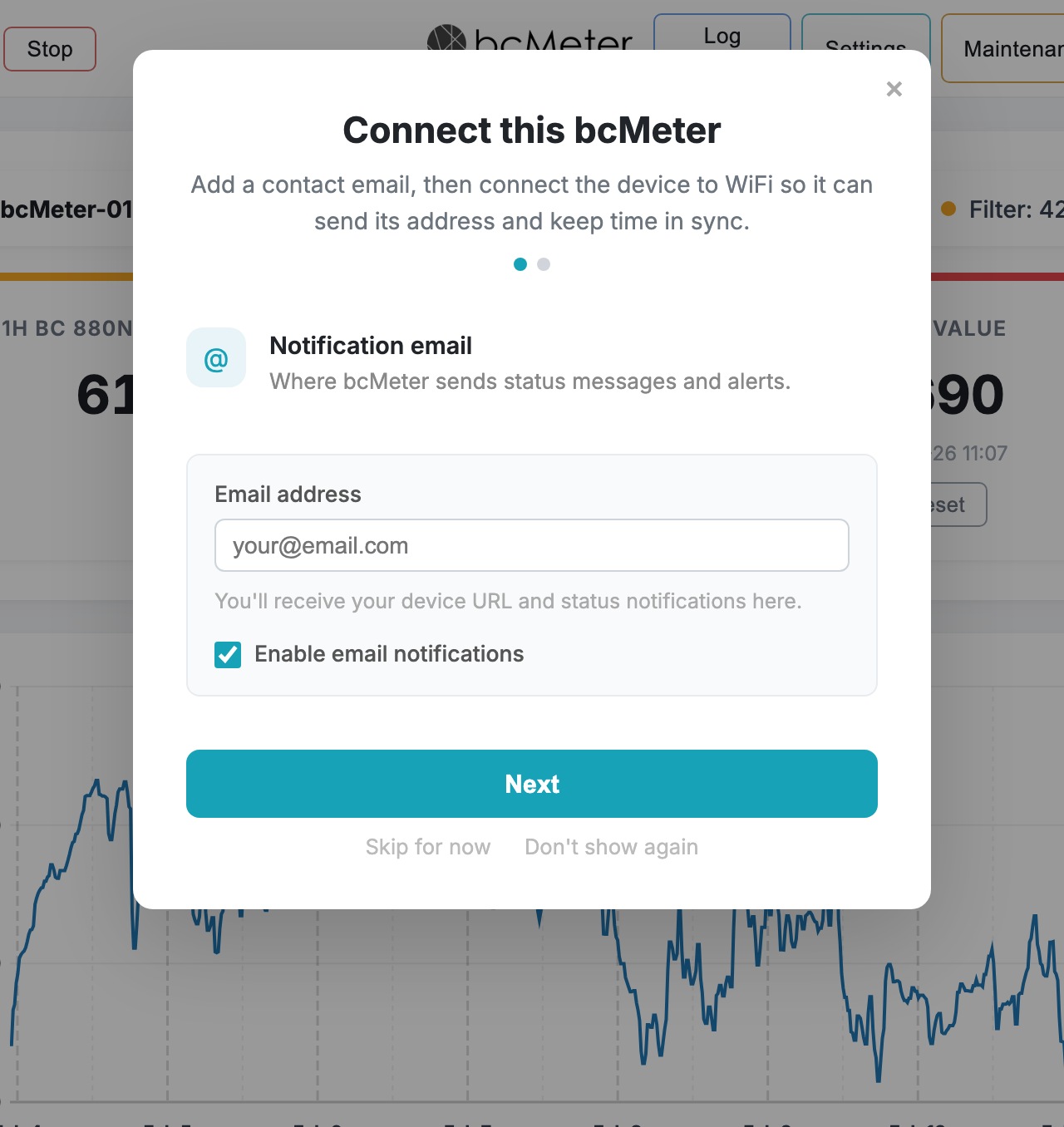 bcMeter welcome screen - email step